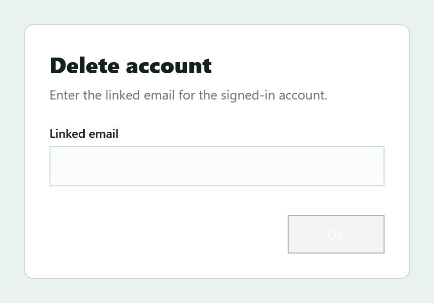 Projekt Green delete account dialog inside Options